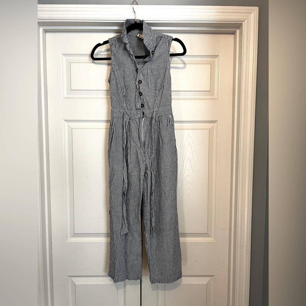 Blue and white striped jumpsuit